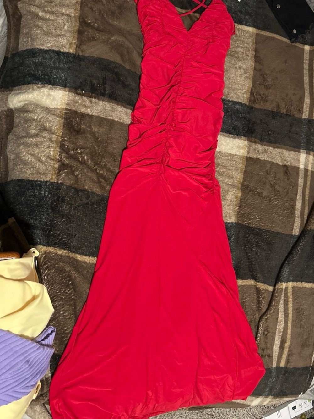 Free People Red Ruched Maxi Dress with V-Neck
